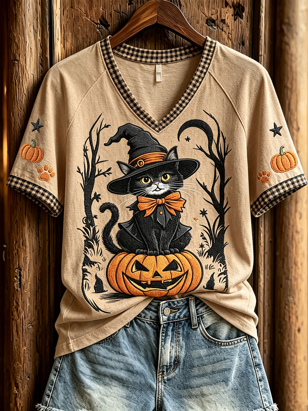 Black Cat Witch Sitting On Pumpkin V-Neck Shirt Halloween Clothing Gifts For Your Wife