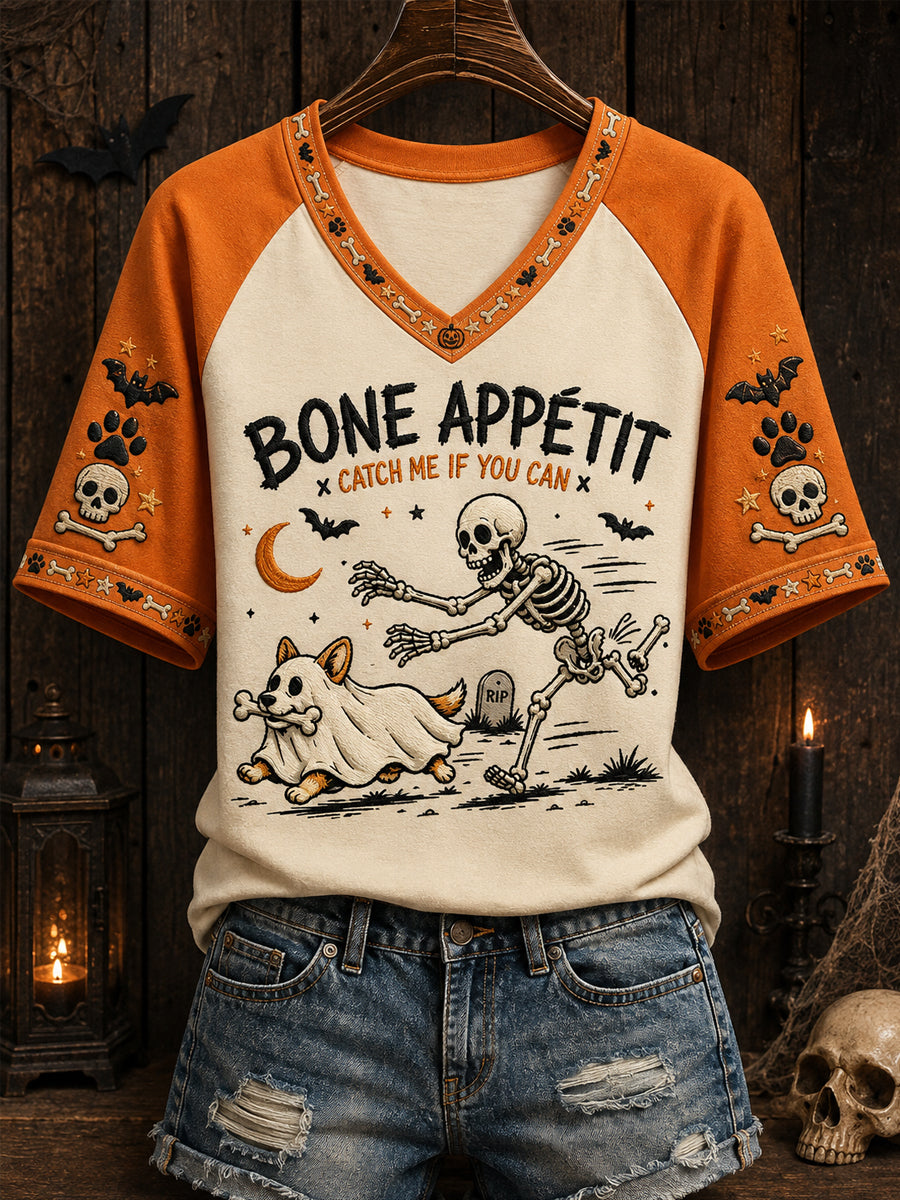 Bone Appetit Catch Me If You Can V-Neck Shirt Halloween Spooky Gift Ideas