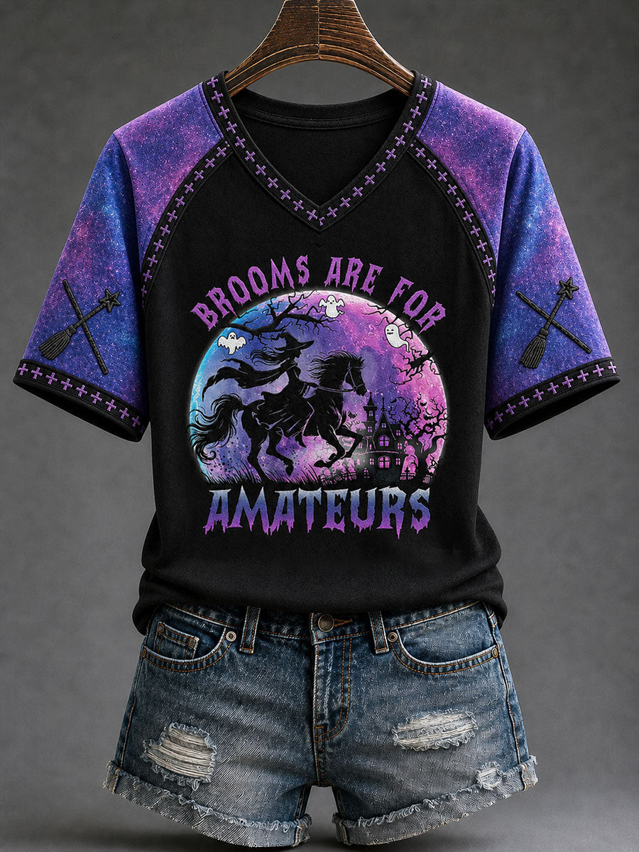 Brooms Are For Amateurs V-Neck Shirt Biker Witch Apparel Gift For Women