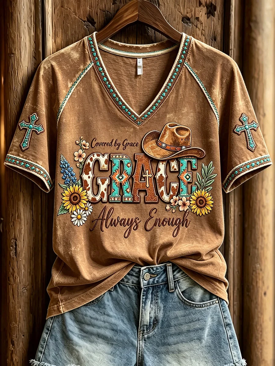Covered By Grace Grace Always Enough V-Neck Shirt Christian Faith Cowboy Merch Gifts For Women