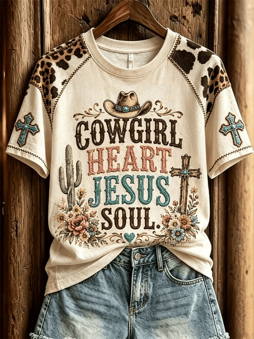 Cowgirl Heart Jesus T-Shirt Western Leopard Pattern Cow Clothing Gift For Cowgirls