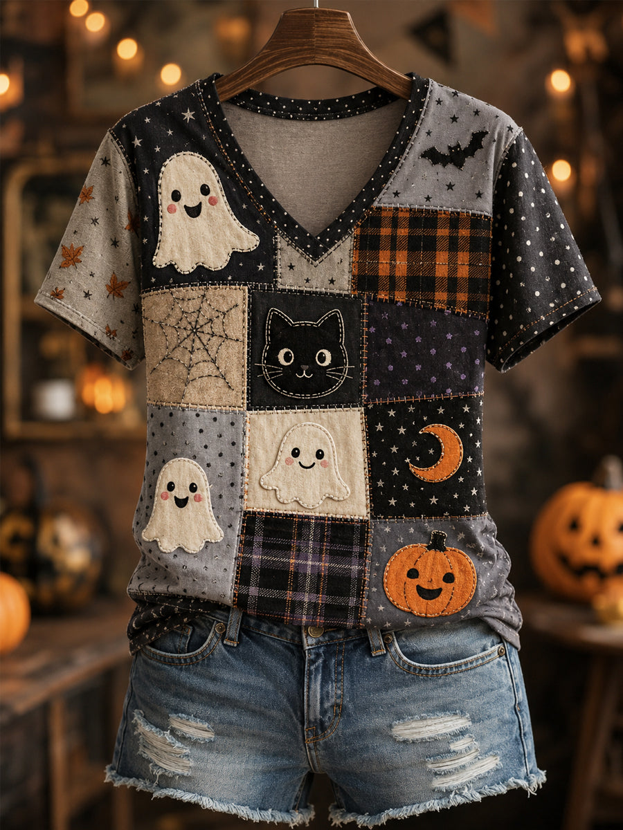 Cute Ghost Black Cat Pumpkin Moon Bat Spiderweb V-Neck Shirt Halloween Spooky Shirt Spooky Gift