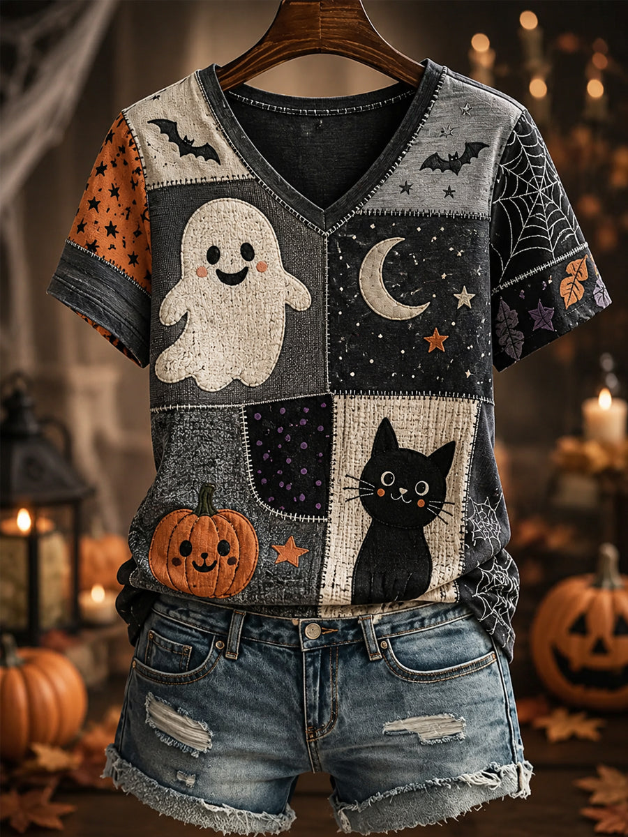 Cute Ghost Pumpkin Black Cat Moon Bat Spiderweb V-Neck Shirt Halloween Spooky Shirt Spooky Gift