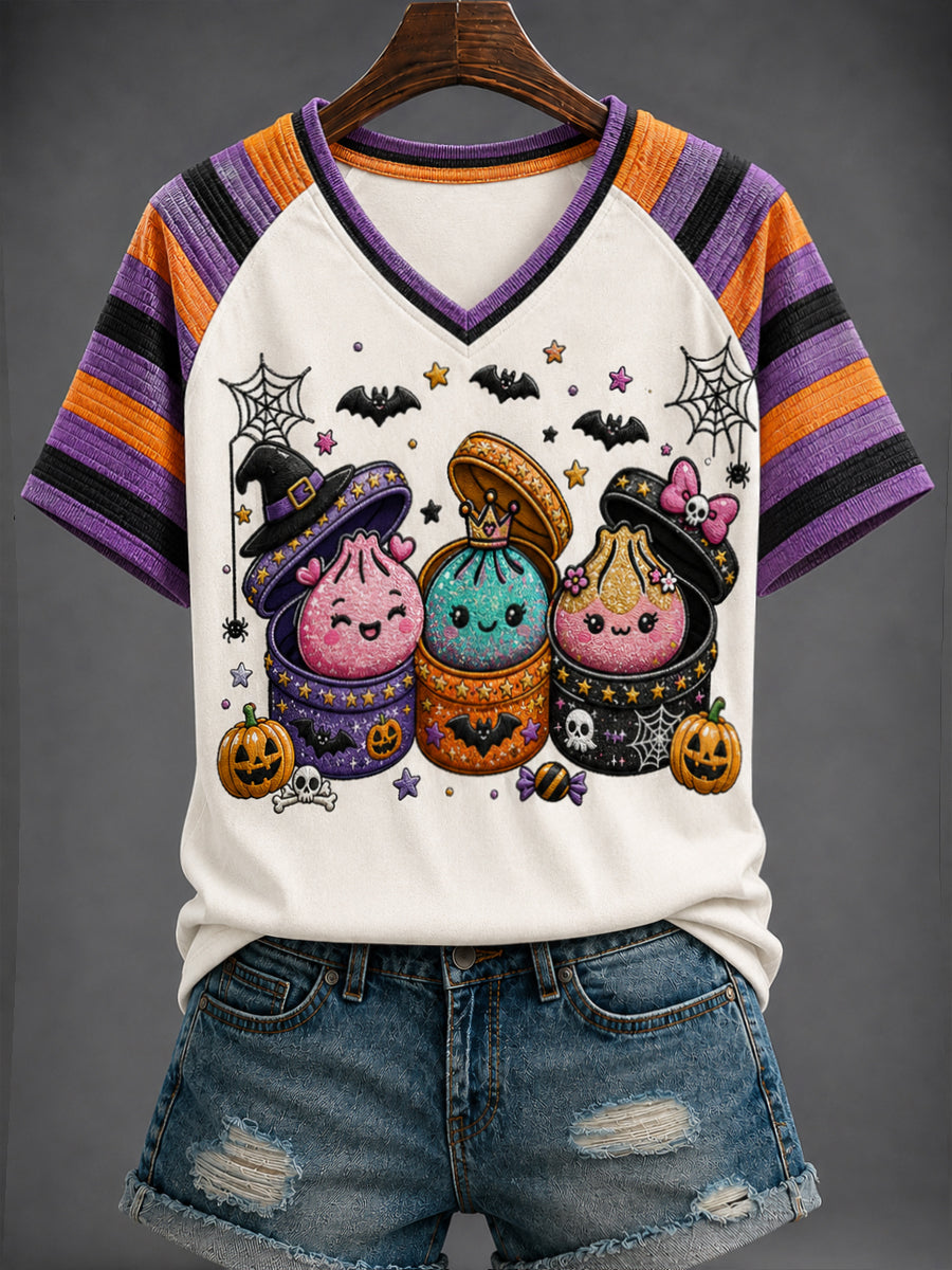 Cute Halloween Dumplings V-Neck Shirt Spooky Clothes Women's Birthday Gift Ideas
