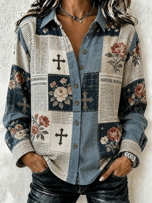 Denim Patchwork Floral Christian Cross Button Up Long Sleeve Shirt Cross Merch Gift For Fans
