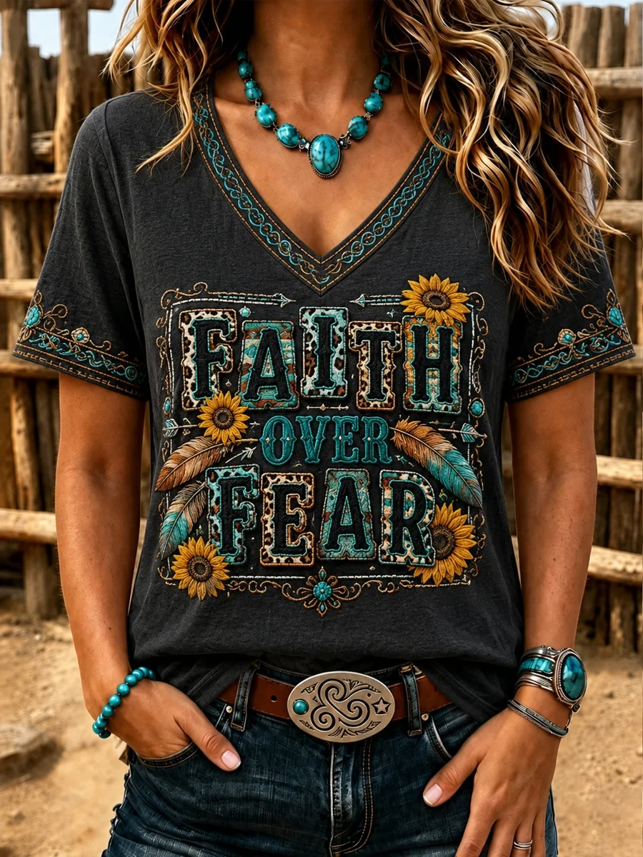 Faith Over Fear V-Neck Shirt Christian Faith Apparel Christian Gifts For Friends