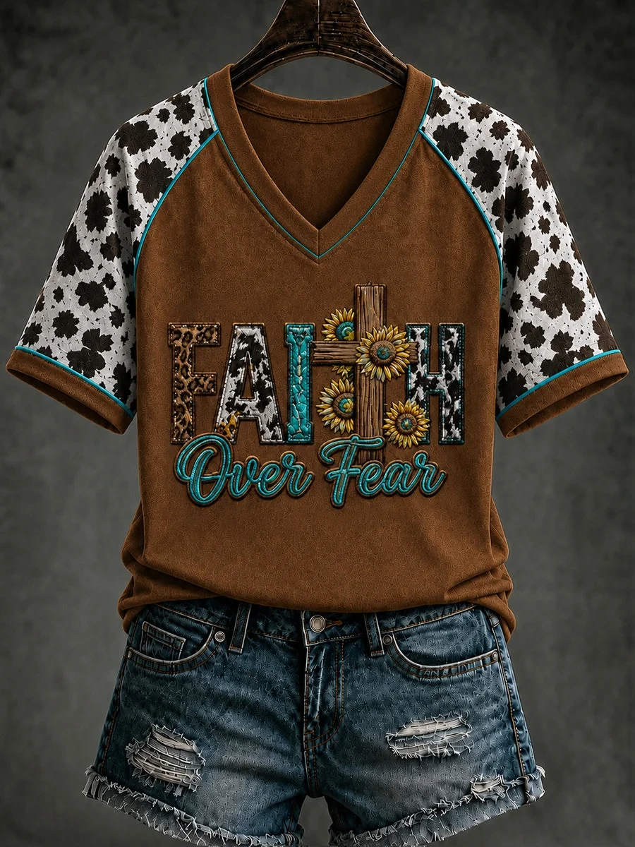 Faith Over Fear V-Neck Shirt Christian Faith Cross Sunflower Clothing Gift Ideas For Wife