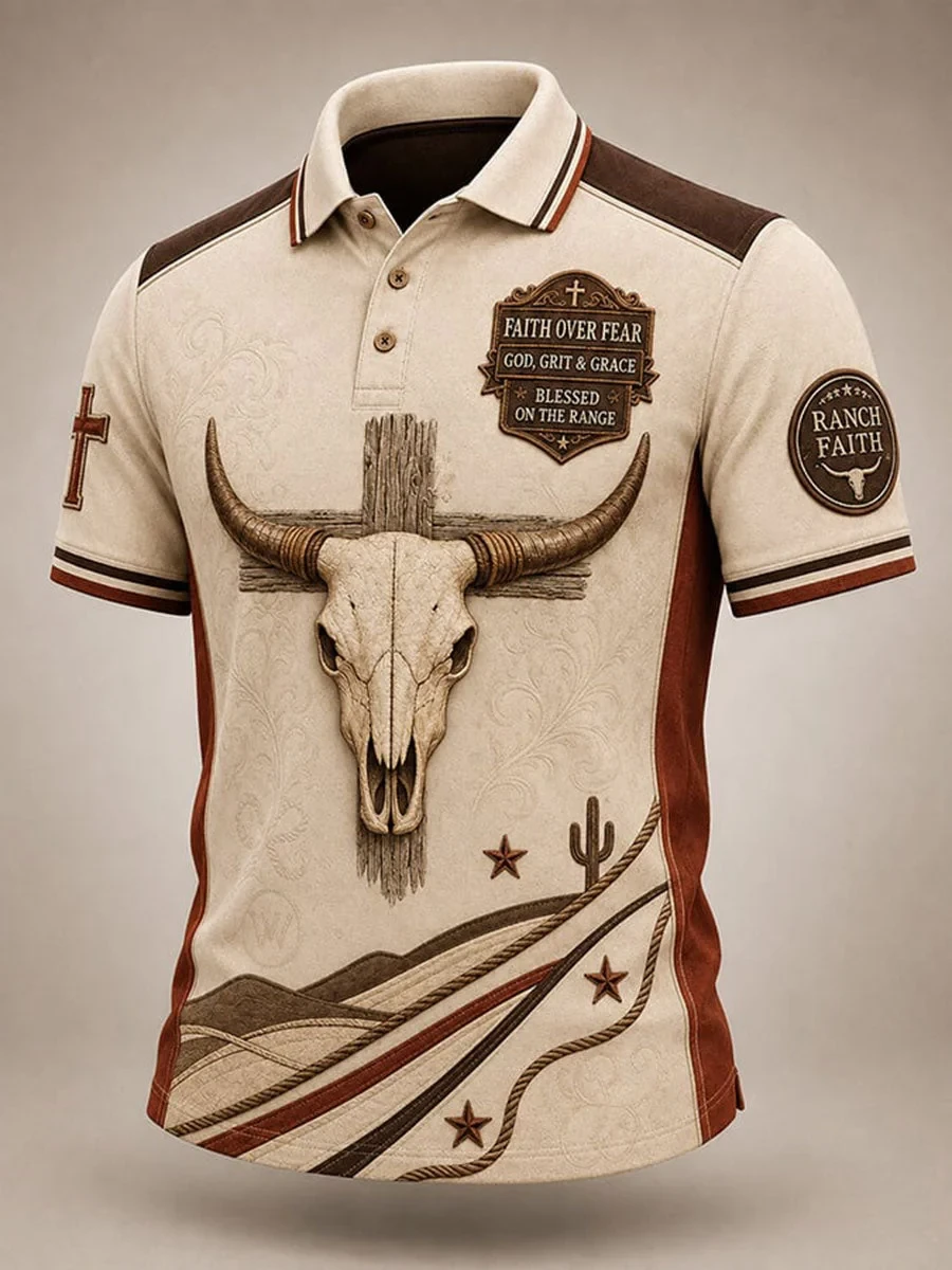 Faith Over Fear Western Bull Skull Polo Shirt Walk By Faith Cowboy Shirt Funny Gifts For Fans