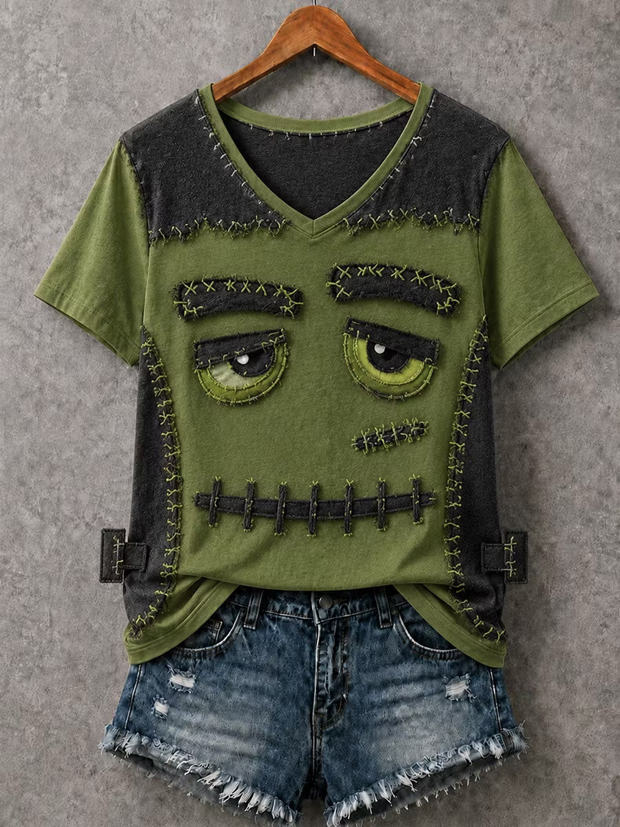 Frankenstein Eyes Patchwork V-Neck Shirt Monster Clothes Spooky Gifts For Men