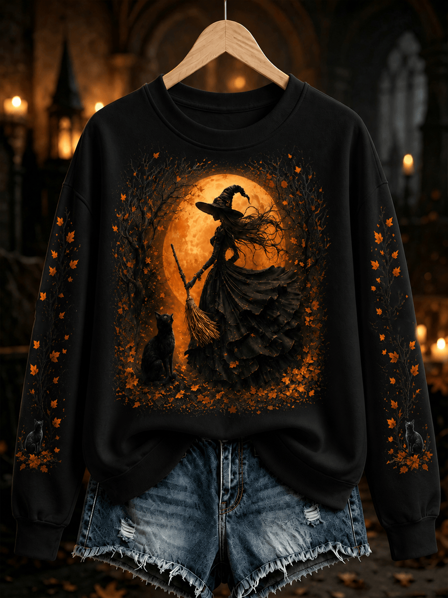 Full Moon Flying Witch Sweatshirt Spooky Season Merch Best Halloween Gifts For Wife