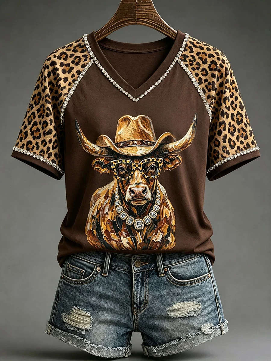 Fun Highland Cow V-Neck Shirt Cowboy Leopard Rhinestone Apparel Unique Gift For Wife