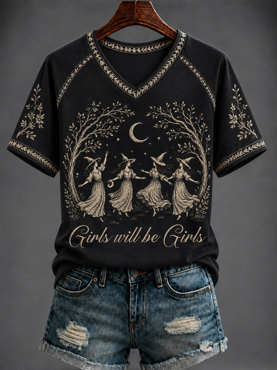 Girls Will Be Girls V-Neck Shirt Witch Halloween Clothing Unique Gift For Wife Birthday