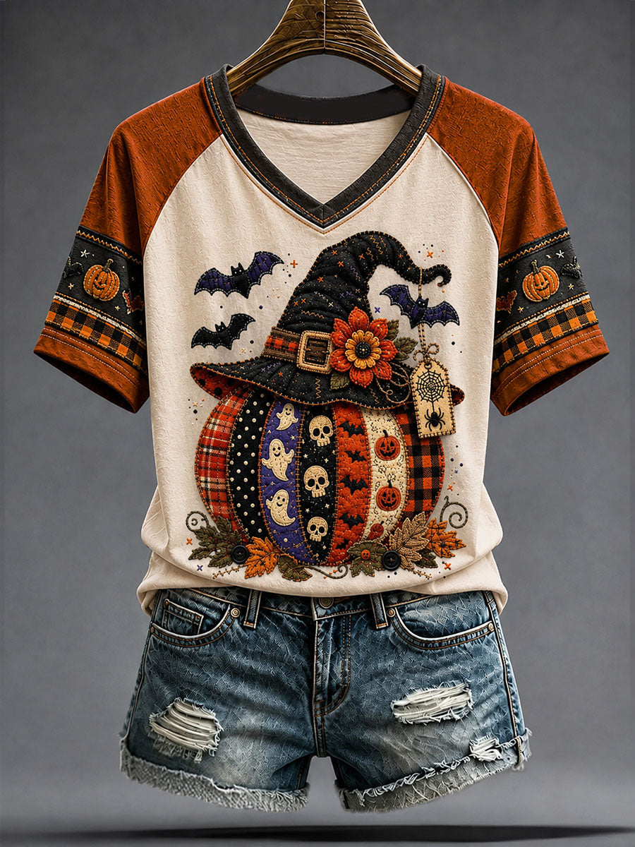 Halloween Pumpkin Witch Hat V-Neck Shirt Patchwork Pumpkin Halloween Apparel Gifts