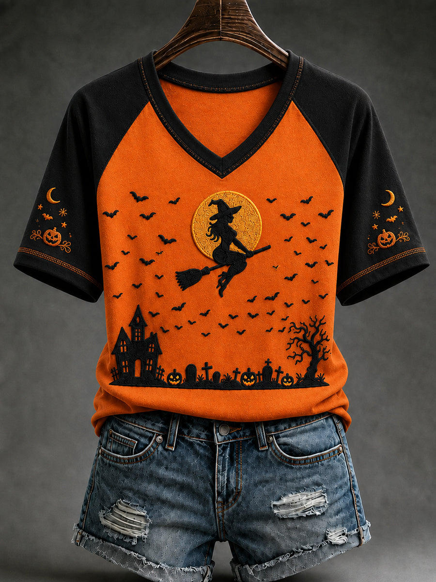Halloween Raglan Witch Flying Full Moon V-Neck Shirt Halloween Spooky Clothes Spooky Gift