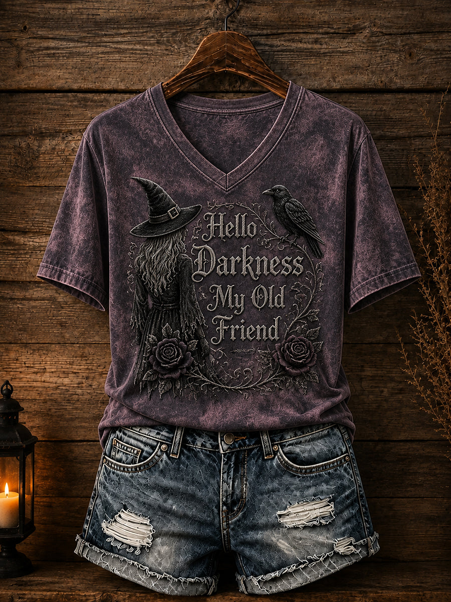 Hello Darkness My Old Friend V-Neck Shirt Halloween Witch Clothing Cool Apparel Gift
