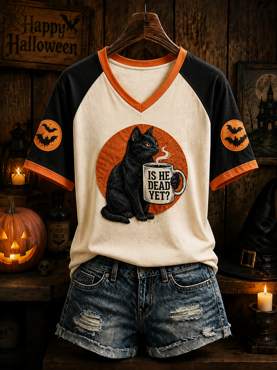 Is He Dead Yet V-Neck Shirt Halloween Black Cat Clothes Unique Halloween Outfit Ideas