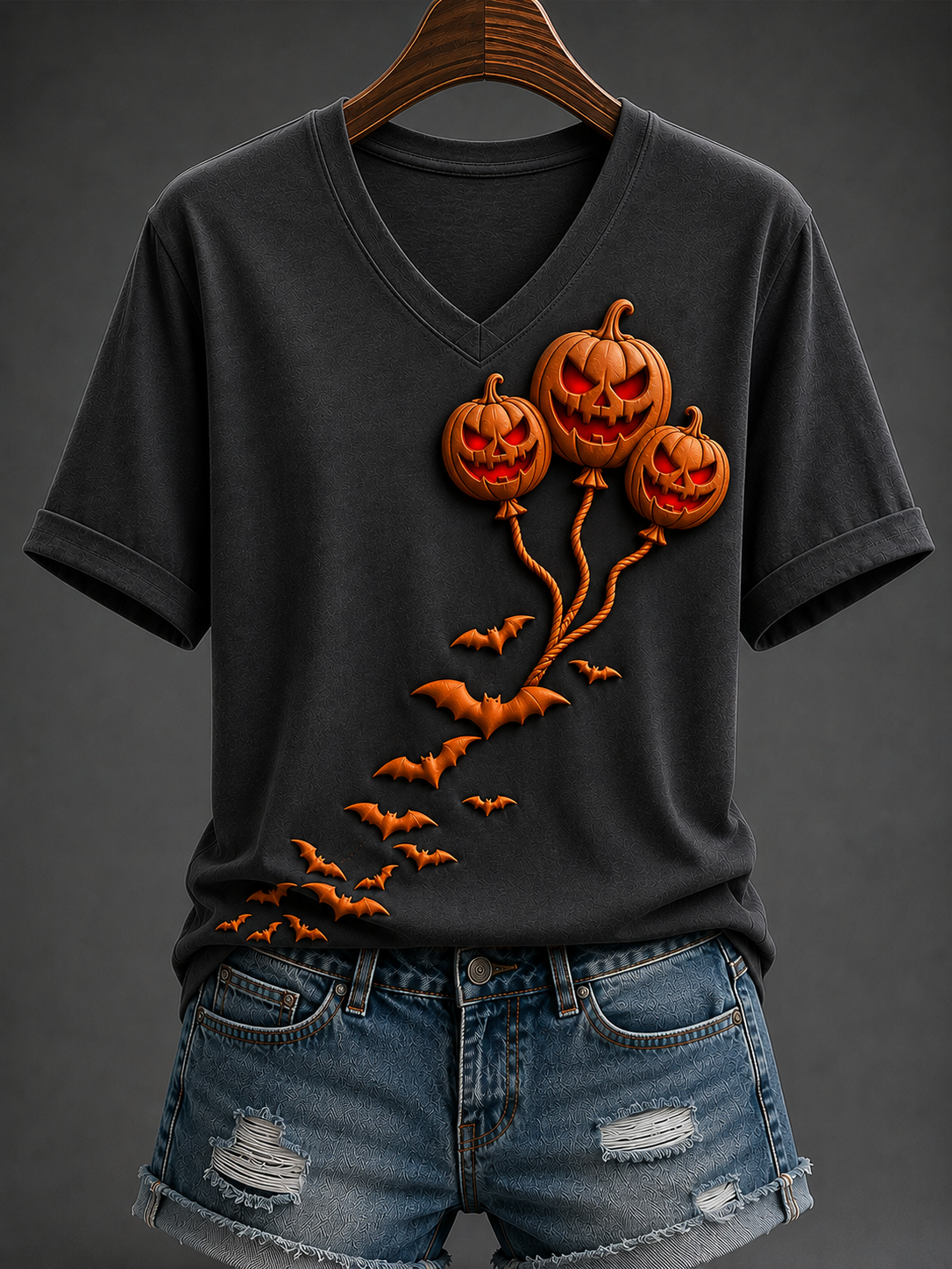 Jack O'Lantern Balloons With Bats V-Neck Shirt Halloween Spooky Clothing Gifts For My Wife