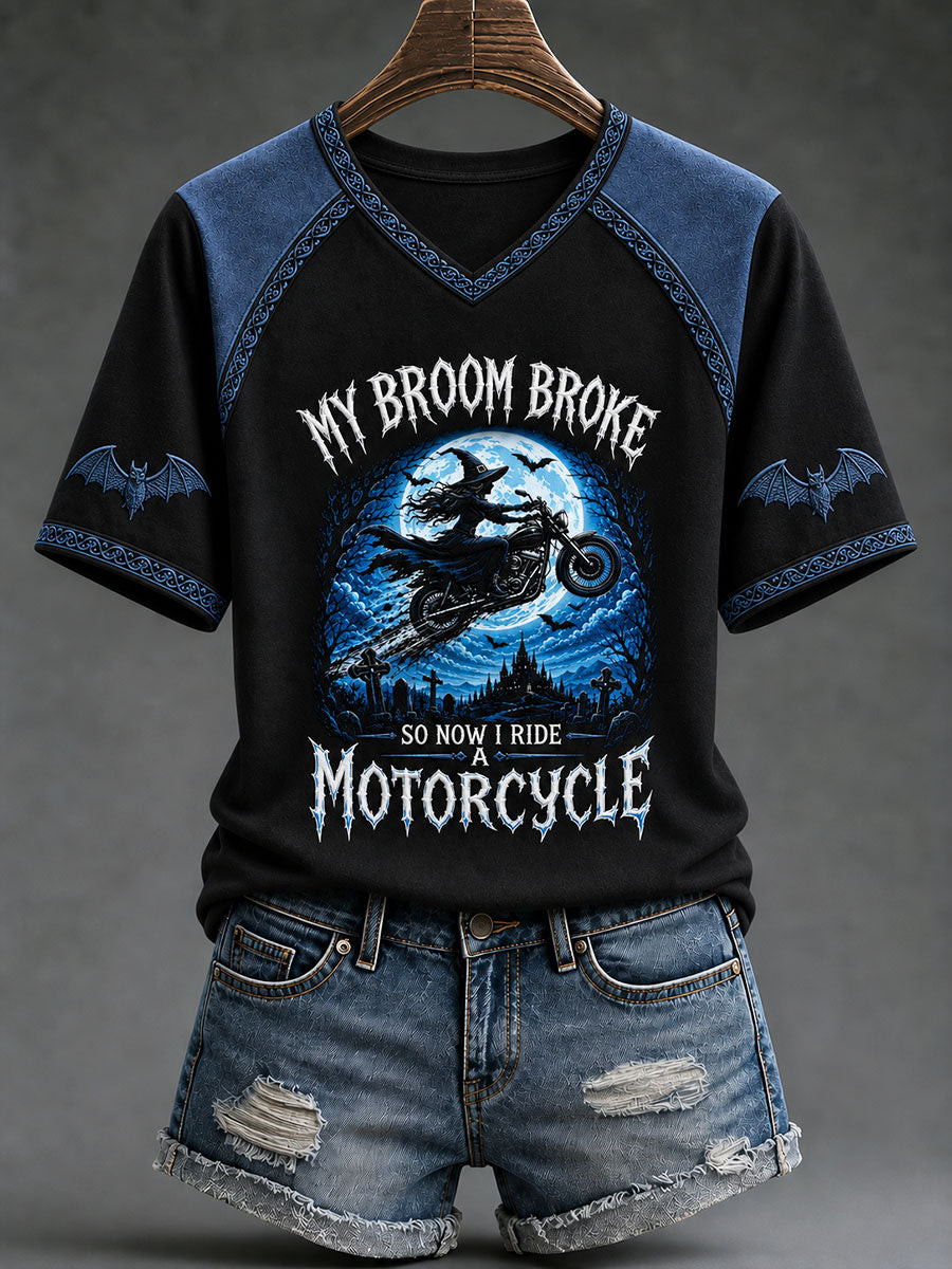 My Broom Broke Motorcycle V-Neck Shirt Biker Witch Merch Gifts For Halloween Lovers