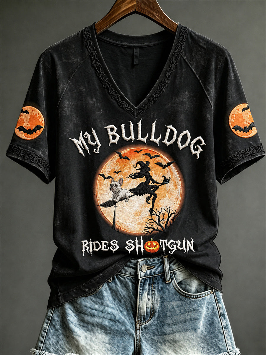 My Bulldog Rides Shotgun V-Neck Shirt Halloween Clothing Perfect Halloween Ideas