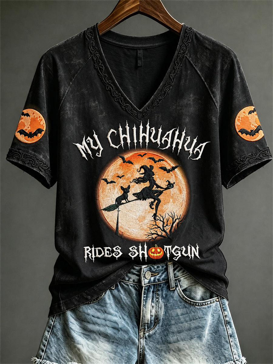 My Chihuahua Rides Shotgun V-Neck Shirt Halloween Dog Clothes New Season Outfit
