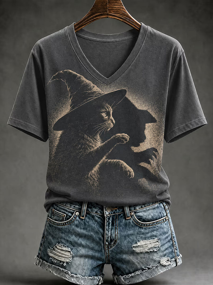 Mystic Cat Witch V-Neck Shirt Spooky Season Apparel Spooky Ideas Gifts