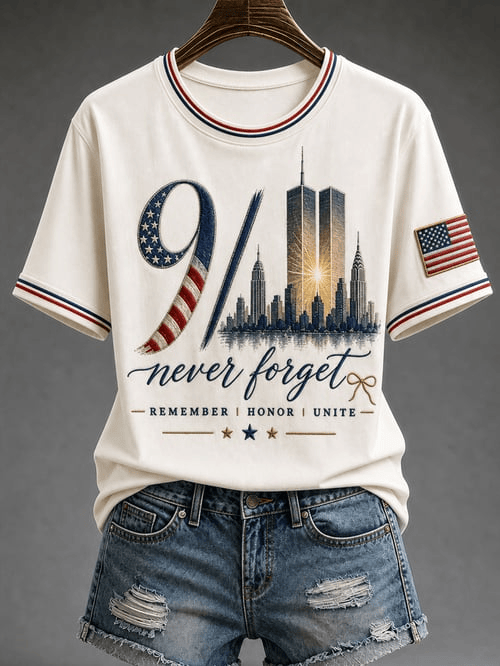 Never Forget Sept 11 Skyline USA Flag T-Shirt Twin Towers City Merch Gift For Proud Patriots
