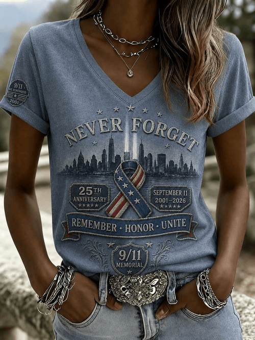 Never Forget V-Neck Shirt 911 2001 25th Anniversary Clothes Gift Ideas For Patriots