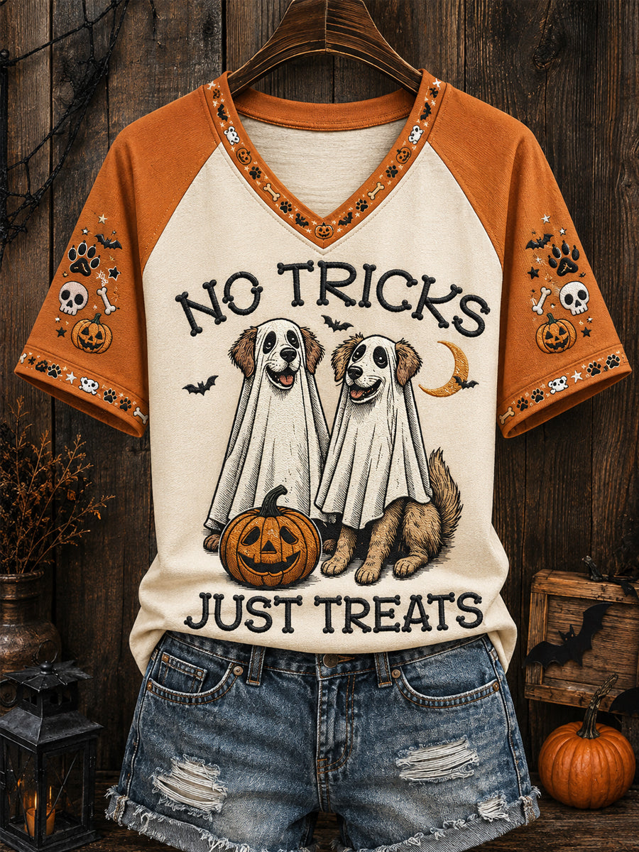 No Tricks Just Treats V-Neck Shirt Halloween Dogs Apparel For Women