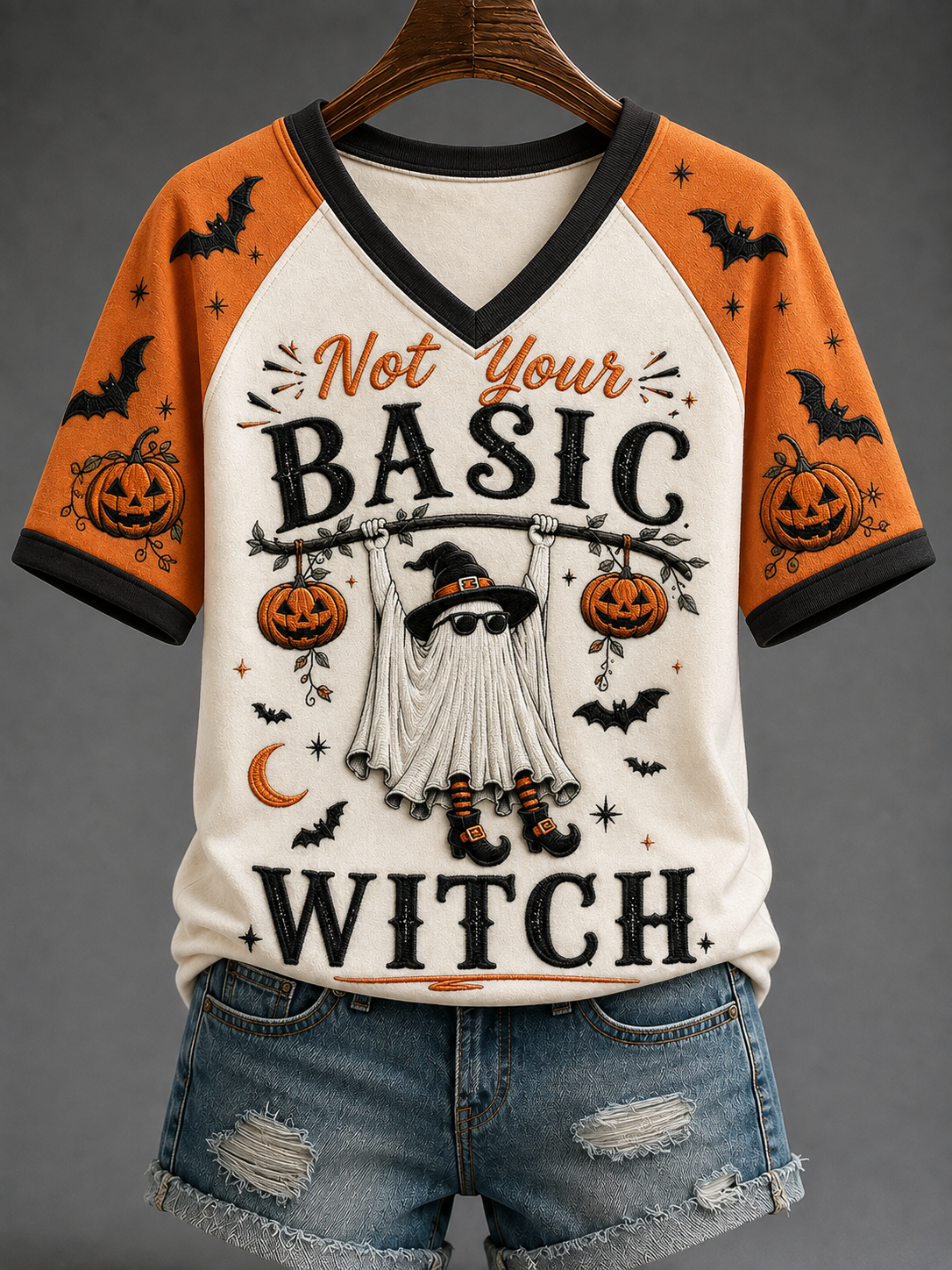 Not Your Basic Witch V-Neck Shirt Halloween Spooky Clothes Cute Outfit Gift
