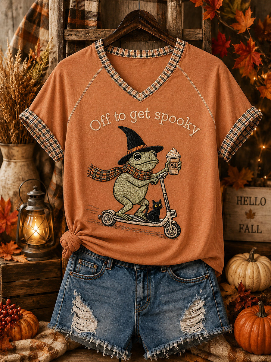 Off To Get Spooky V-Neck Shirt Halloween Frog Clothing Cozy Apparel Gift