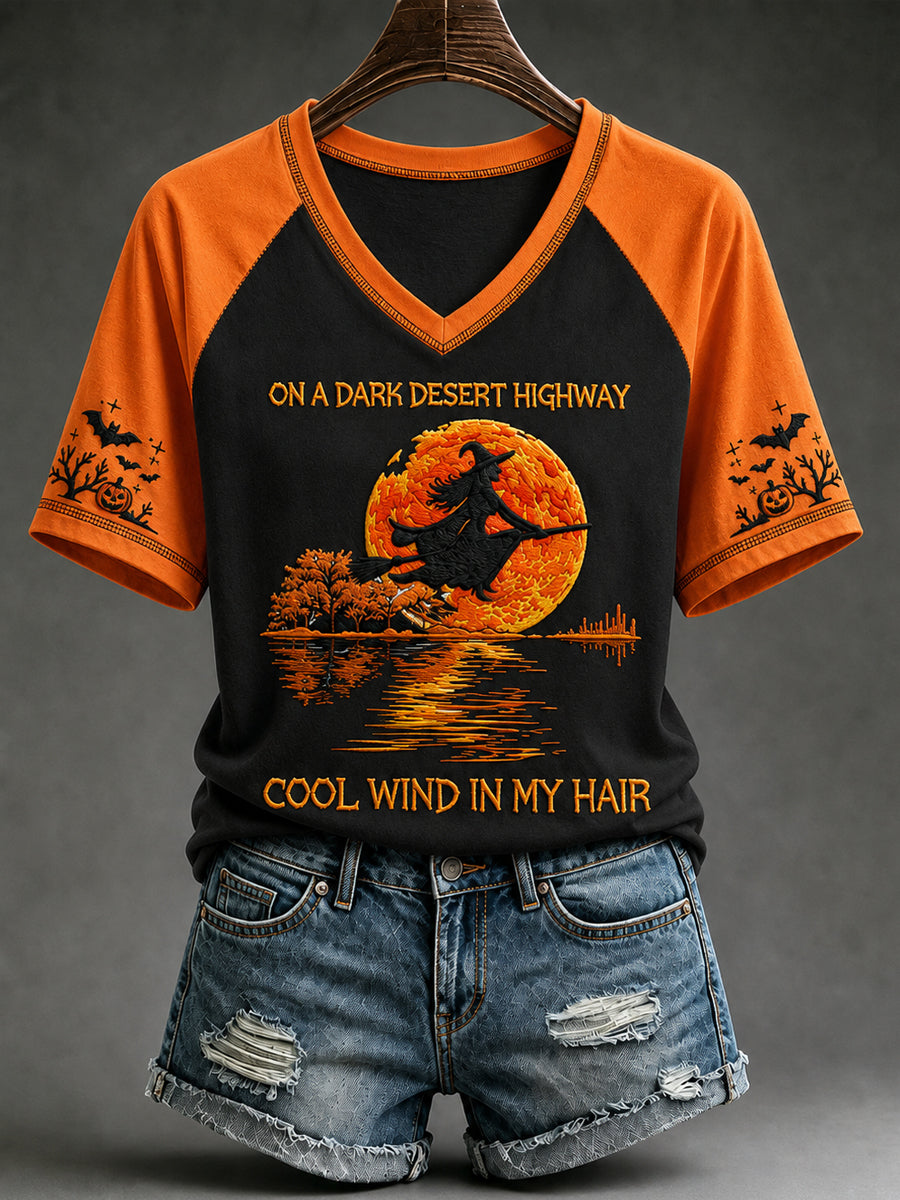 On A Dark Desert Highway Cool Wind In My Hair V-Neck Shirt Halloween Witch Shirt Gifts For Wife