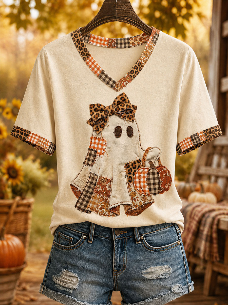Patchwork Ghost With Pumpkin V-Neck Shirt Halloween Autumn Clothing Halloween Lover Gift Ideas