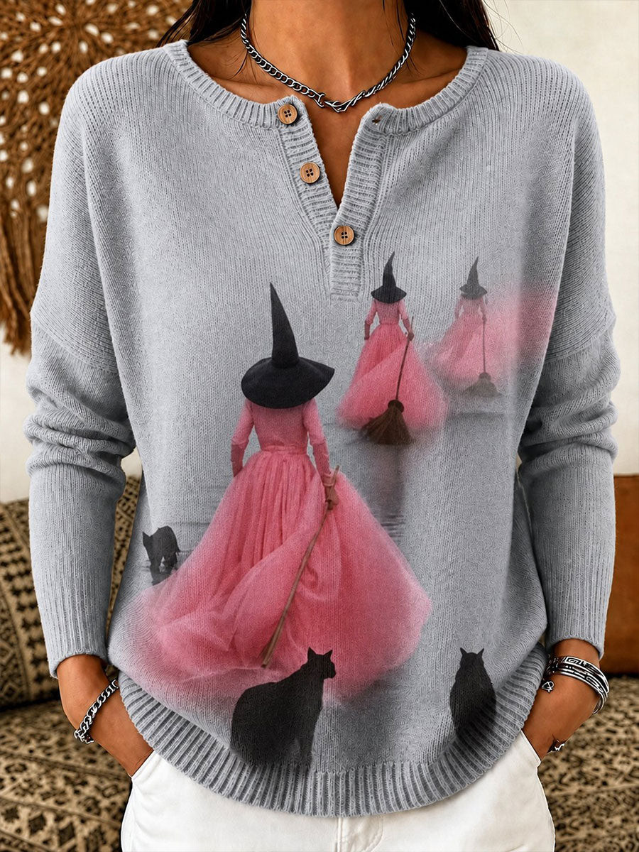 Pink Witch Silhouette Button Long Sleeve Shirt Cute Spooky Clothes Halloween Gifts For Wife