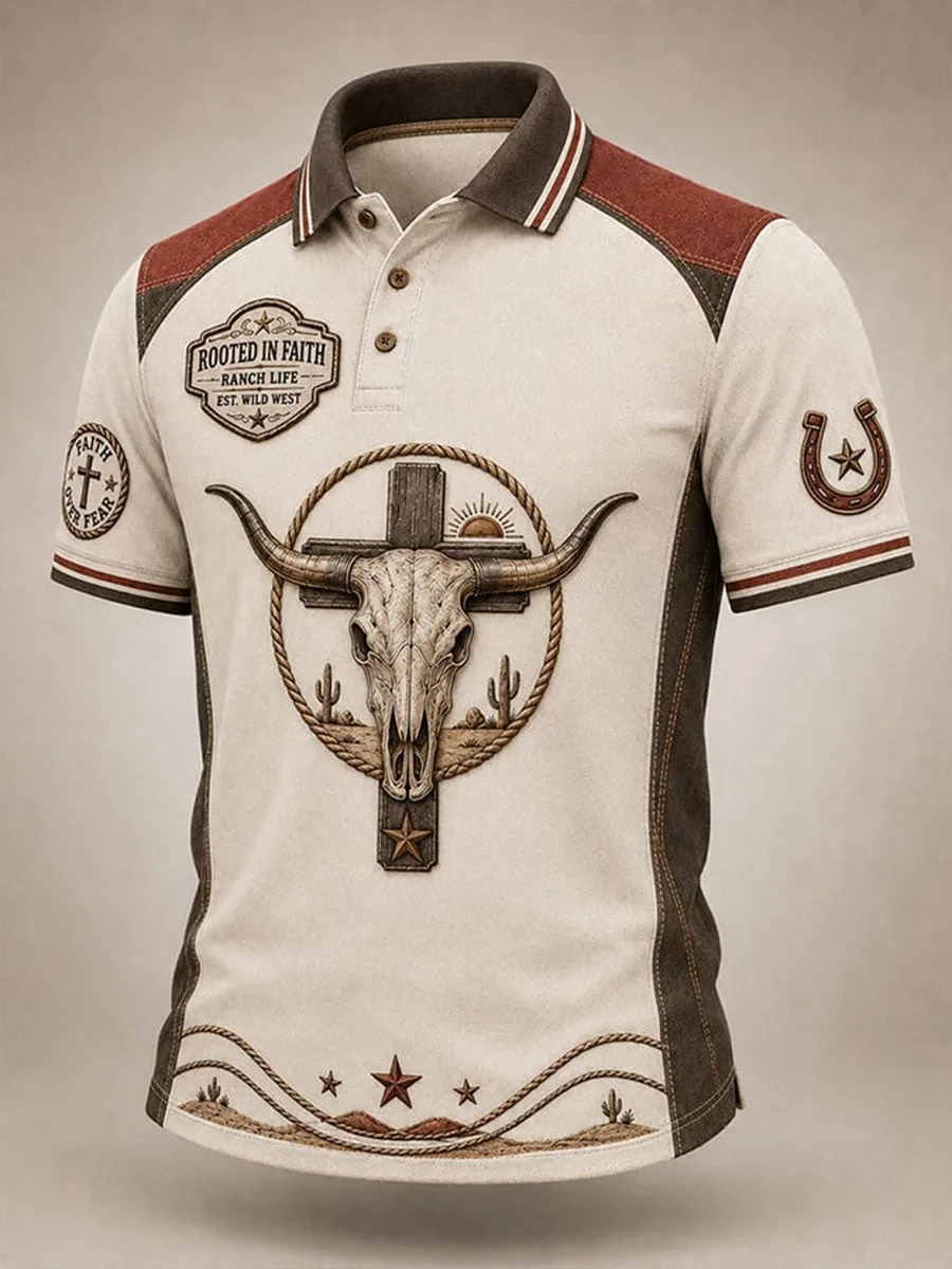 Rooted In Faith Western Bull Skull Polo Shirt Walk By Faith Cowboy Clothing Gifts For Him