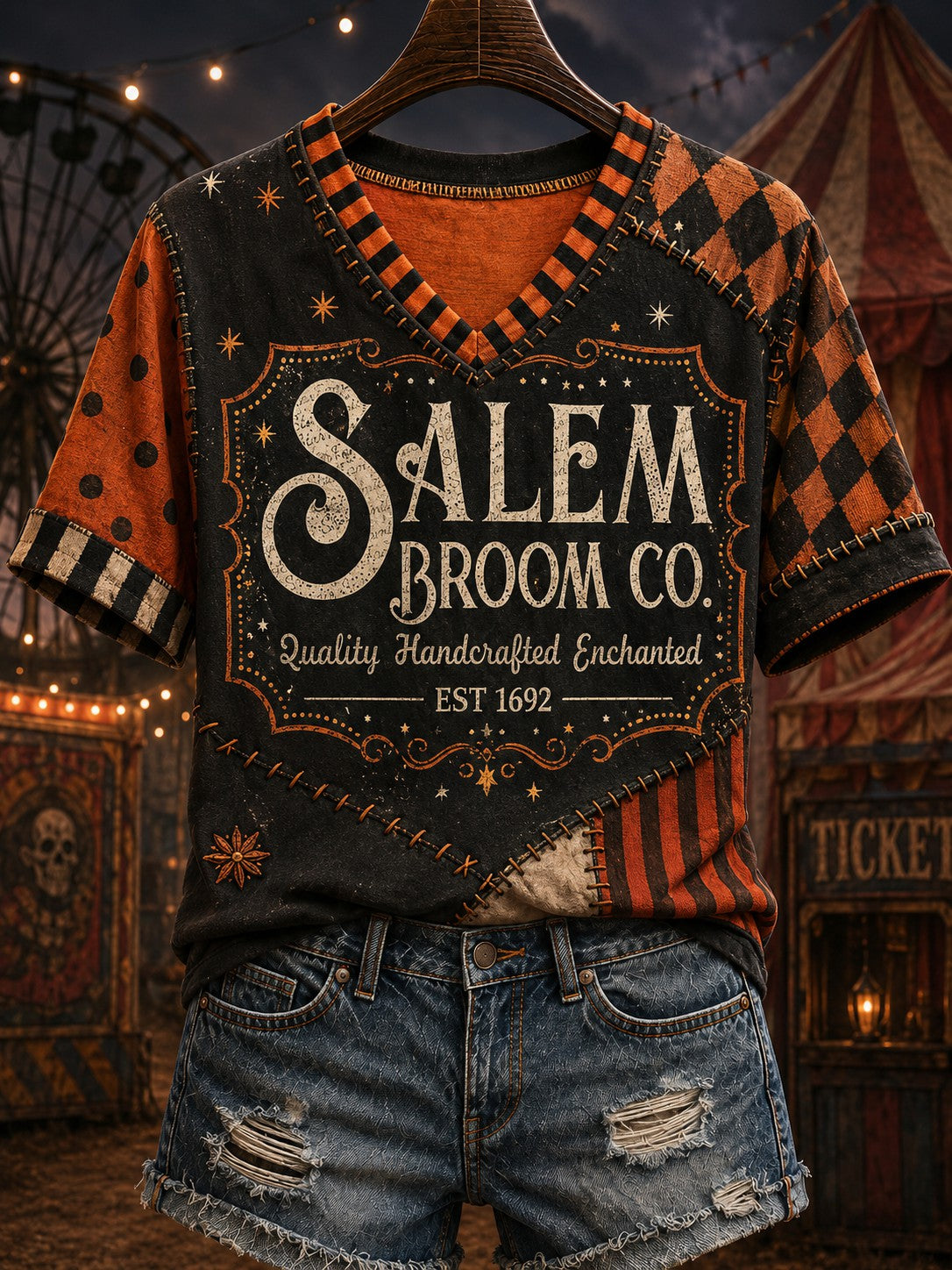 Salem Broom Co Quality Handcrafted Enchanted Est 1692 V-Neck Shirt Halloween Witch Clothes