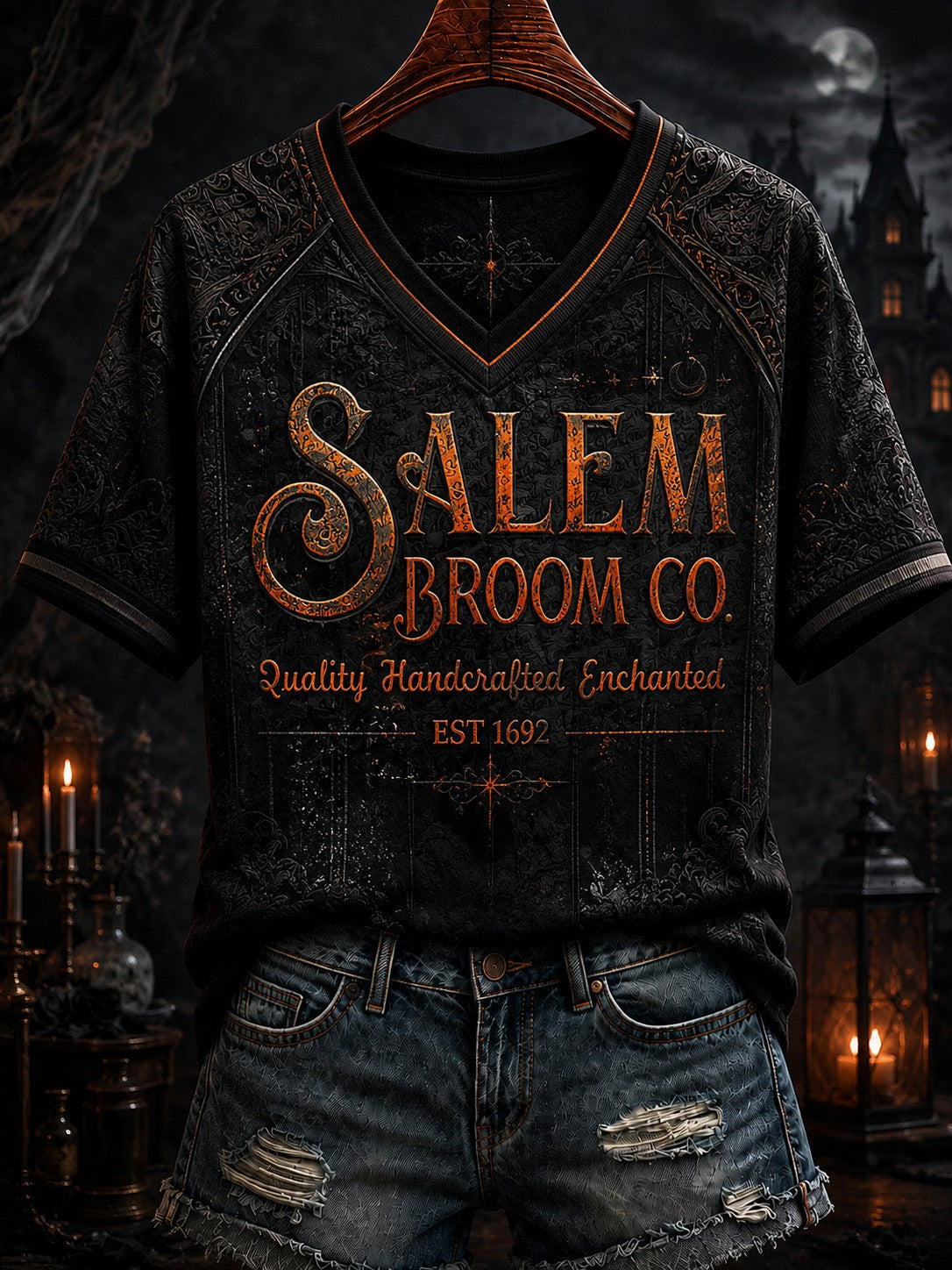 Salem Broom Co Quality Handcrafted Enchanted Est 1692 V-Neck Shirt Halloween Witch Gift