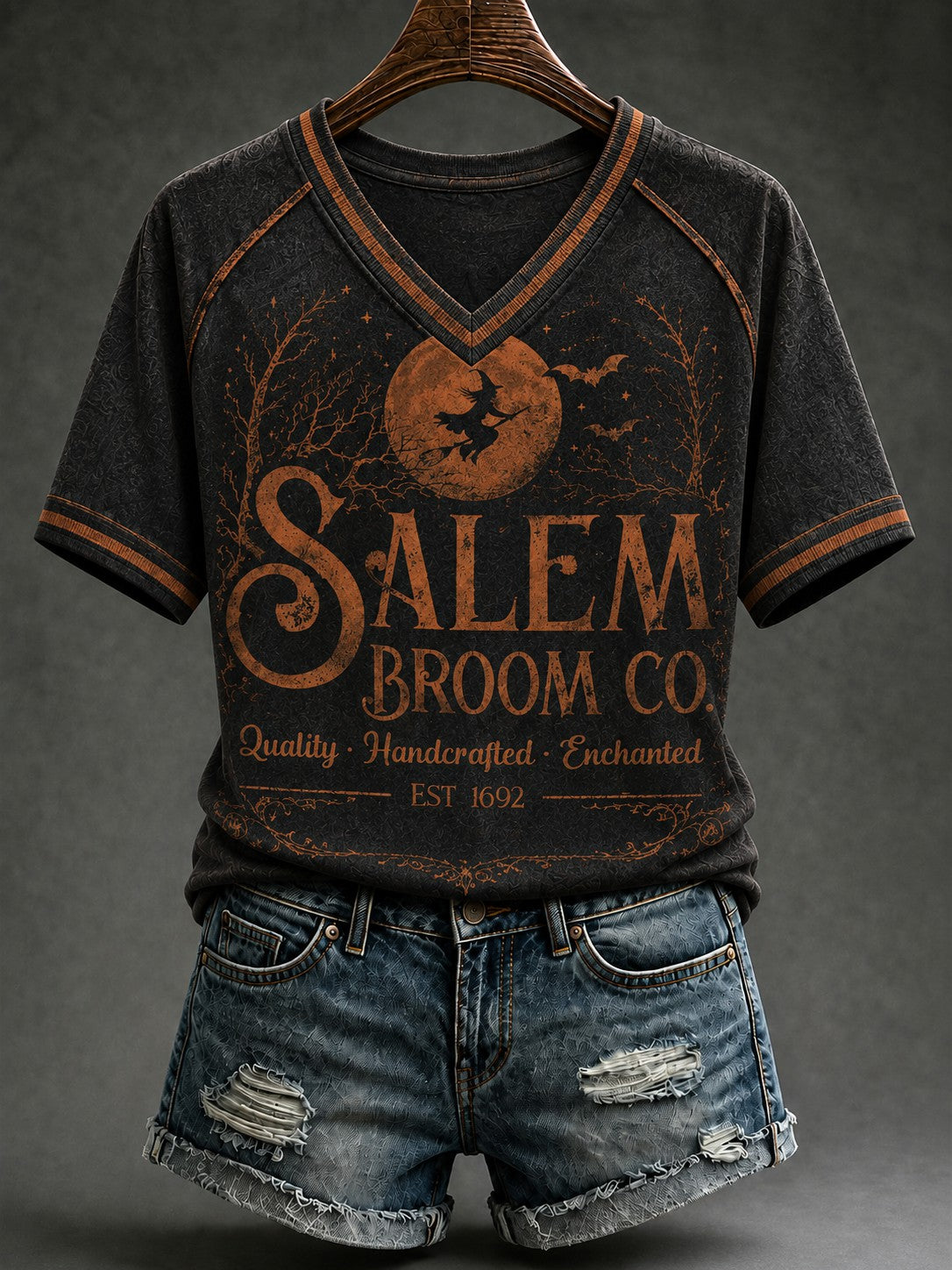 Salem Broom Co Quality Handcrafted Enchanted Est 1692 V-Neck Shirt Mom Gift
