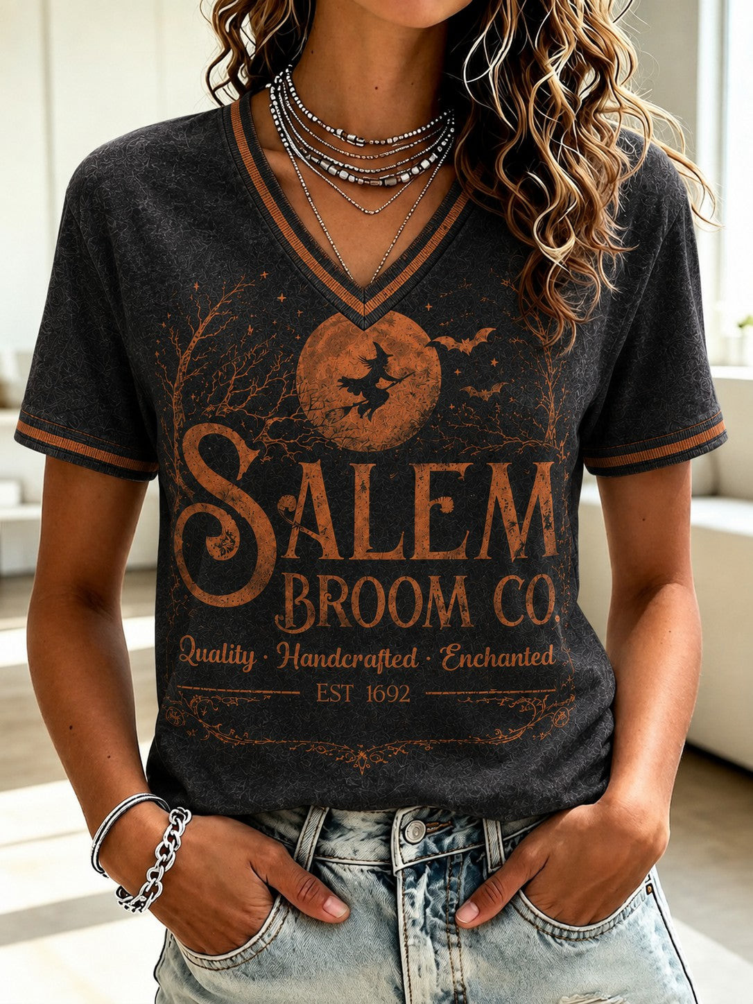 Salem Broom Co V-Neck Shirt Halloween Witch Shirt Present For Outfit Lovers