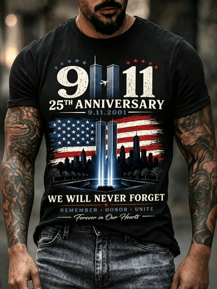 Sept 11 Anniversary 25 Years USA Flag T-Shirt We Will Never Forget Merch Gift For Proud Patriots