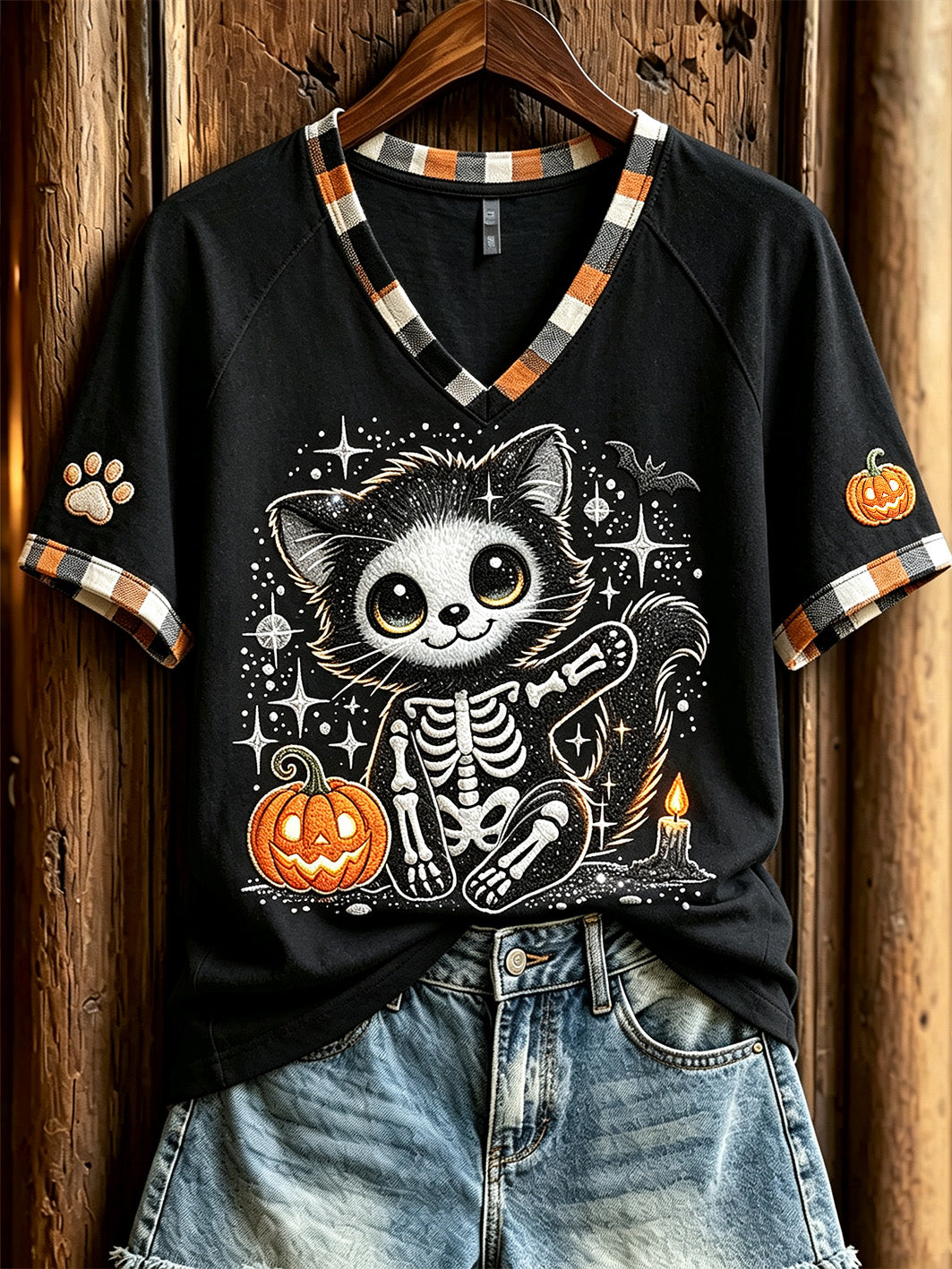 Skeleton Cat With Pumpkin V-Neck Shirt Halloween Shirt Present For Wife