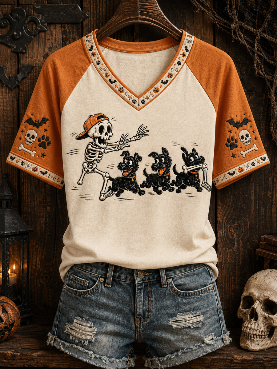 Skeleton With Dogs V-Neck Shirt Halloween Spooky Clothing Spooky Apparel For Her