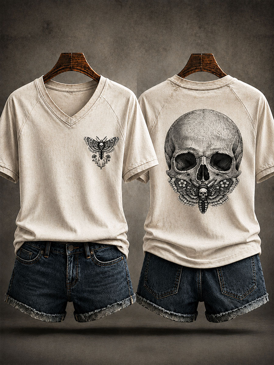 Skull With Death Moth V-Neck Shirt Gothic Shirt Trendy Apparel Gift