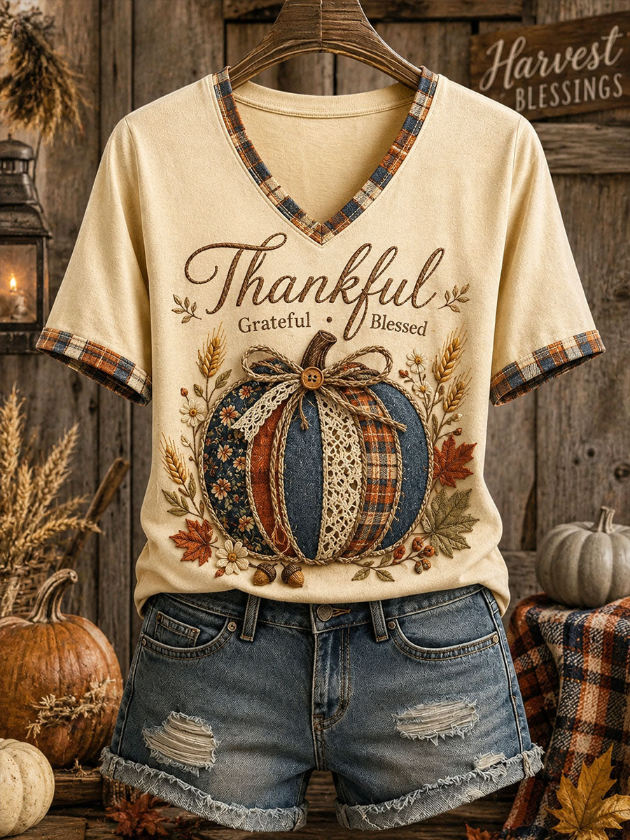 Thankful Grateful Blessed Harvest Blessings V-Neck Shirt Autumn Pumpkin Clothing Gifts For Wife
