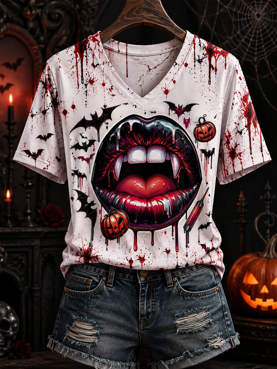 Vampire Lips Halloween Splatter V-Neck Shirt Halloween Clothes Cozy Halloween Gift