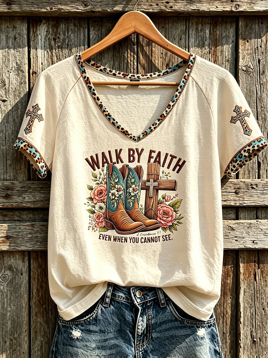 Walk By Faith Even When You Cannot See V-Neck Shirt Christian Cross Faith Clothing Wedding Gifts