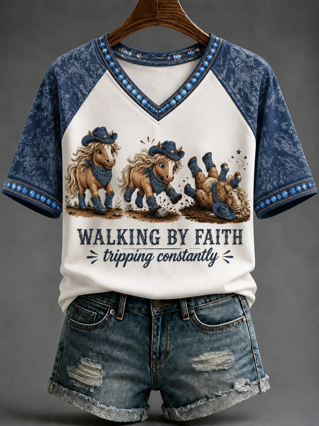 Walking By Faith Tripping Constantly V-Neck Shirt Christian Faith Horse Clothes Gifts For Wife