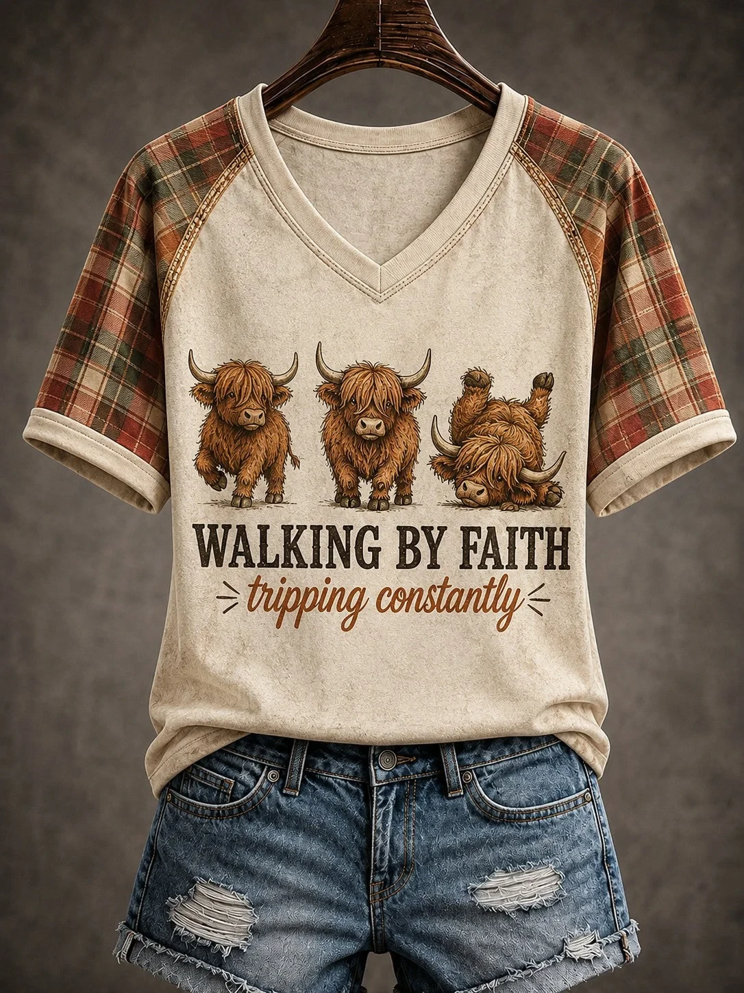 Walking By Faith Tripping Constantly V-Neck Shirt Highland Cow Humor Faith Clothing