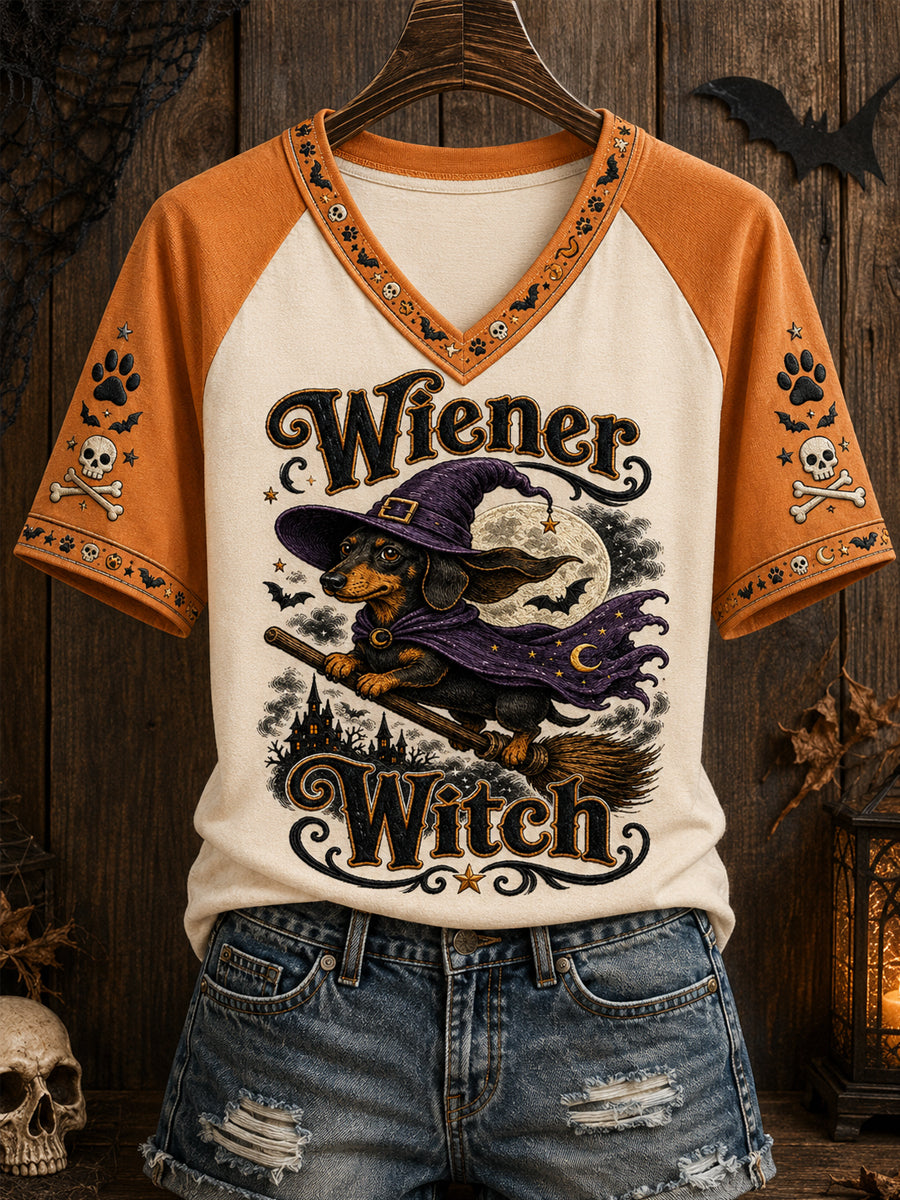 Wiener Witch V-Neck Shirt Halloween Dog Shirt Top Women Halloween Outfit