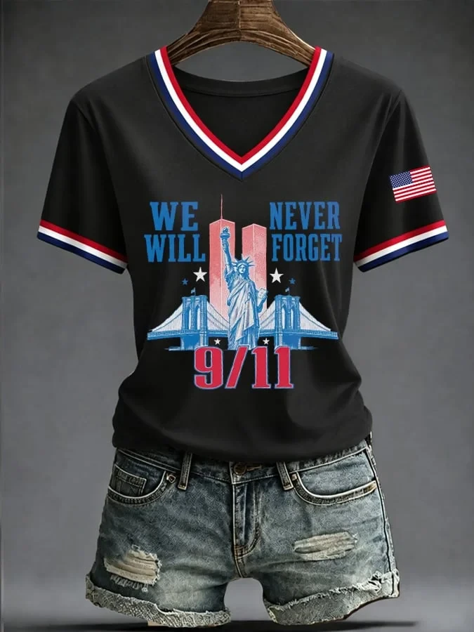 9 11 25th Anniversary Commemorative V-Neck Shirt American Flag Apparel 911 Gift Ideas