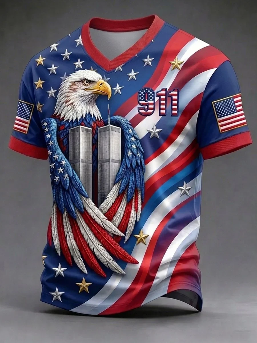 9 11 25th Anniversary Never Forget Eagle V-Neck Shirt 911 Patriotic Apparel